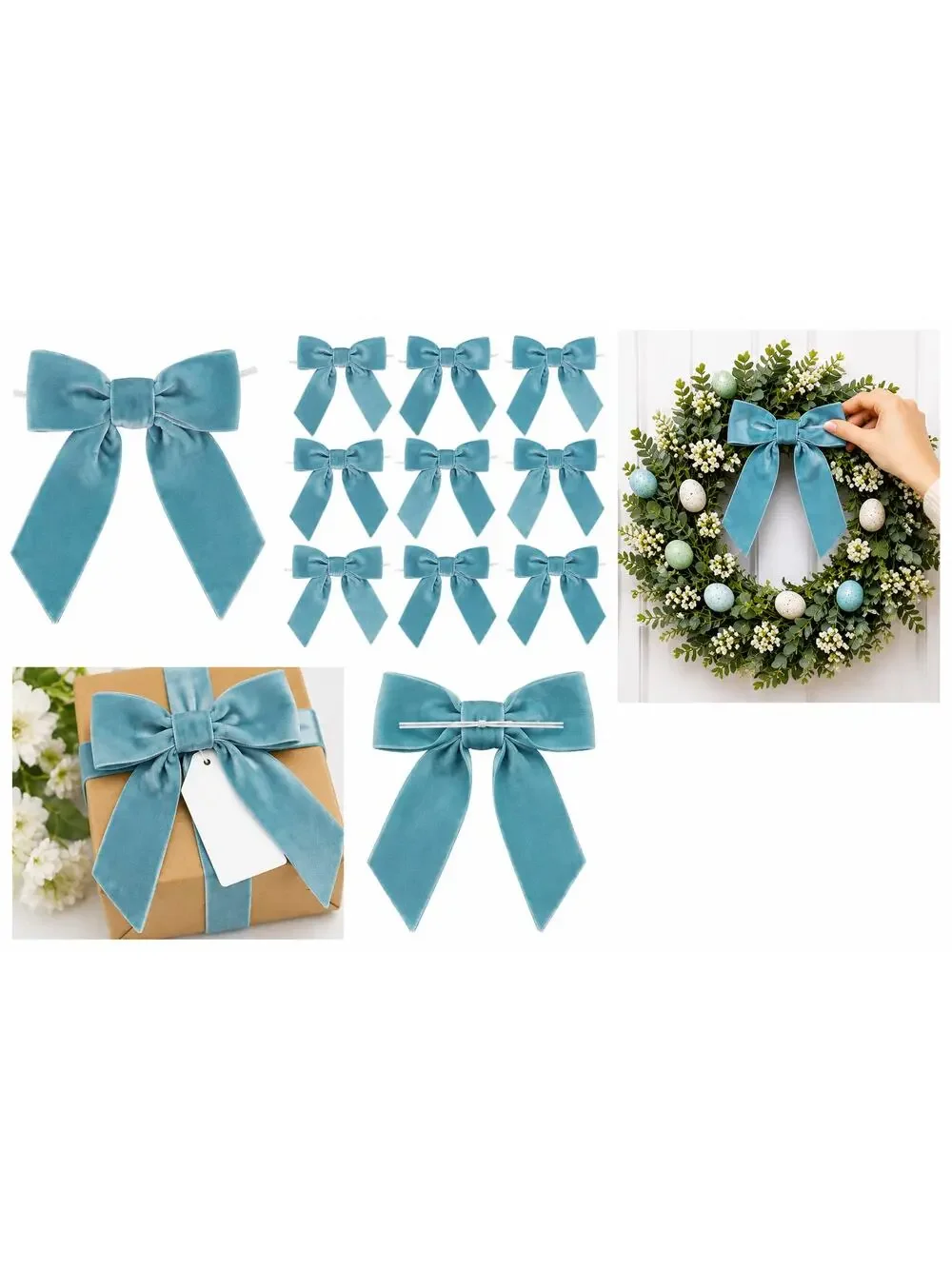 12-Pack Baby Blue Velvet Decorative Bows with Twist Ties